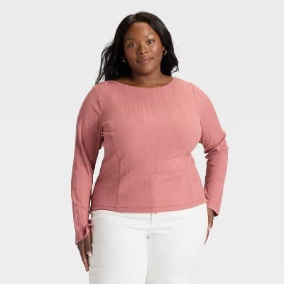 Women's Split Long Sleeve Boat Neck Rib-Knit Top - Ava & Viv™ Mauve 4X