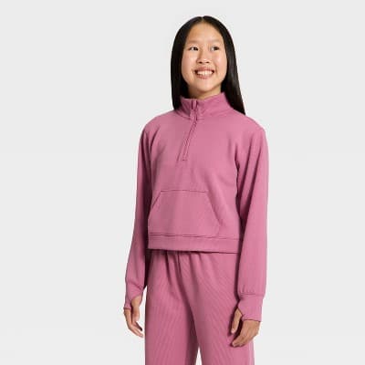 Girls' Airy Sleek Ribbed Half Zip Pullover - All In Motion™ Dark Mauve XS