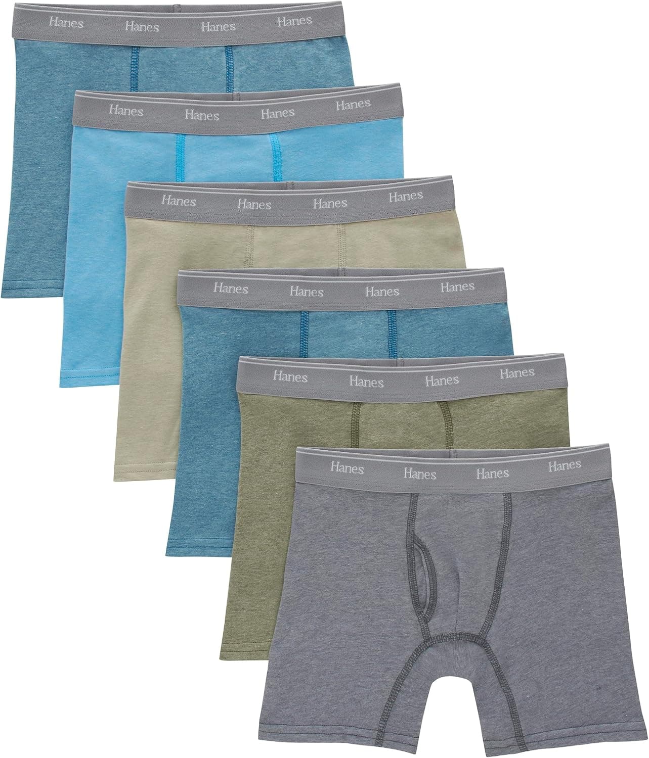 Hanes Big Originals Boxer Briefs, Tween Boy Underwear, Cotton Stretch, 6-Pack, Tan/Blue Oasis/Cargo Olive/Grey - 6 Pack, Medium