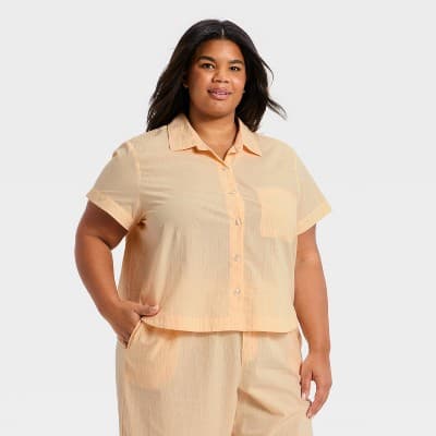 Women's Striped Cotton Blend Short Sleeve Pajama Shirt - Auden™ Peach Orange 3X