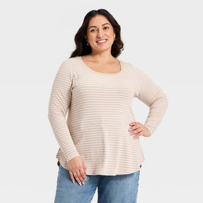 Women's Long Sleeve Knit Scoop Neck Tunic Top - Ava & Viv™ Tan Striped XXL