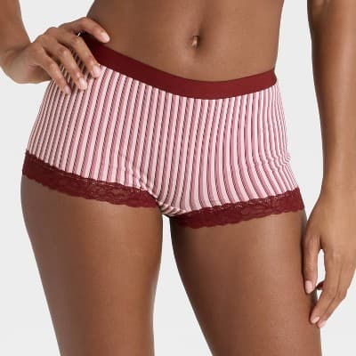 Women's Striped Cotton Blend Boy Shorts Underwear with Lace - Auden™ Berry Red XS