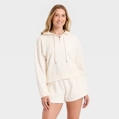 Women's Lace Up Hoodie Pullover Sweatshirt - Universal Thread™ Cream XS