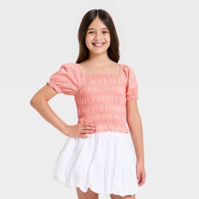 Girls' Short Sleeve Eyelet Smocked Top - Cat & Jack™ Coral Pink XL