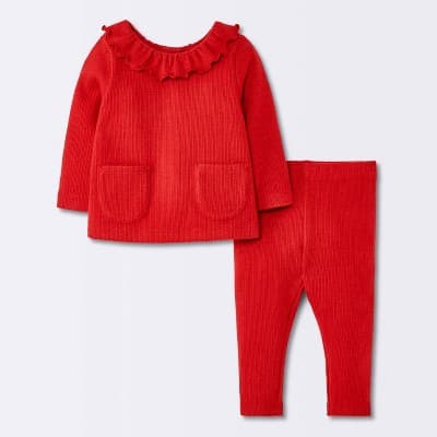 Baby Girls' Christmas Holiday 2pc Ribbed Pocket Long Sleeve Top and Leggings Set - Cloud Island™ Red 12M
