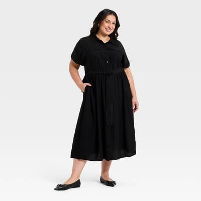Women's Plus Short Sleeve Tie-Front Midi Shirtdress - Ava & Viv™ Black 4X