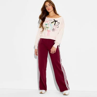 Women's Multi Bows Fleece Graphic Pullover Sweatshirt - Cream XL