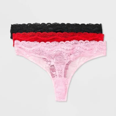 Women's Lace Thong 3pk - Wild Fable™ Black/Red/Light Pink L