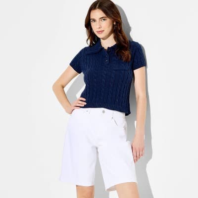 Women's Short Sleeve Cable Polo Pullover Sweater - Wild Fable™ Navy Blue L