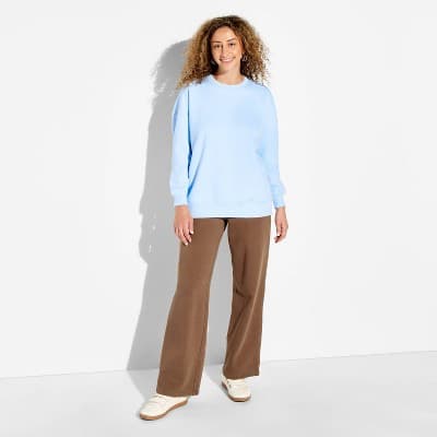 Women's Crewneck Oversized Pullover Sweatshirt - Wild Fable™ Light Blue Phrase M