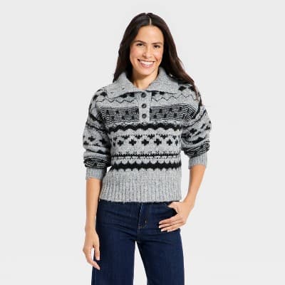 Women's Fairisle Henley Shawl Sweater - Universal Thread™ Dark Gray M