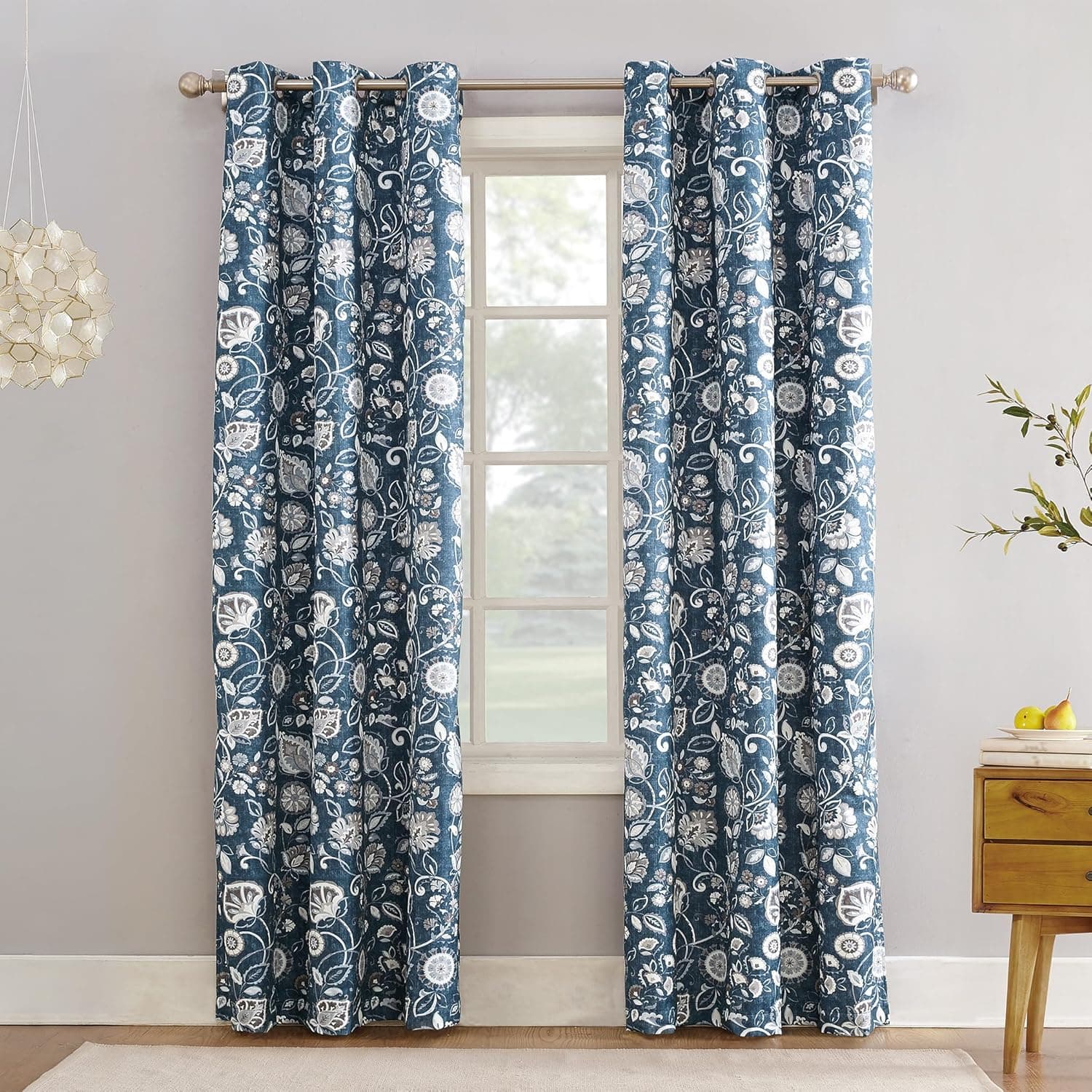 Sun Zero Jorah Botanical Print Thermal Insulated Energy Efficient Grommet Curtain Panel, 40" x 84", Blue