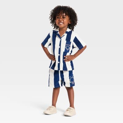 Toddler Boys' 2pc Disney Mickey Mouse Striped Short Sleeve Button-Down Shirt & Shorts Set - Blue 18M