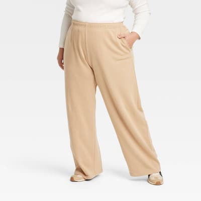 Women's High-Rise Wide Leg Sweatpants - Universal Thread™ Tan XXL: French Terry, Side Pocket, Front Drawstring