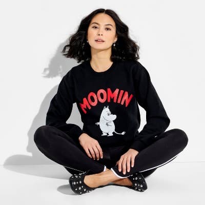 Women's Crewneck Moomin Fleece Graphic Pullover Sweatshirt - Black XXL
