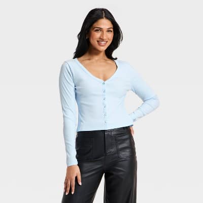 Women's Modern Ribbed Button-Up Knit Cardigan - A New Day™ Light Blue XL