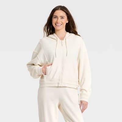 Women's French Terry Full Zip Hoodie Sweatshirt - JoyLab™ Cream L