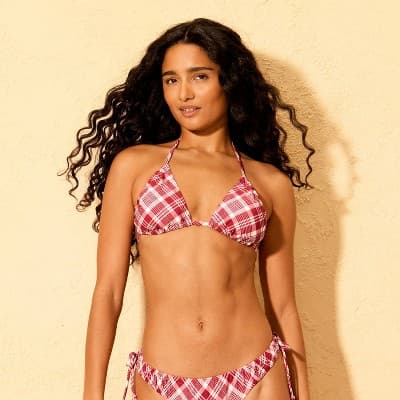Women's Ruched Medium Coverage Triangle Bikini Top - Wild Fable™ Burgundy Plaid Print M