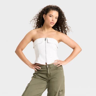 Women's Zip-Front Denim Tube Top - Wild Fable™ White XXS