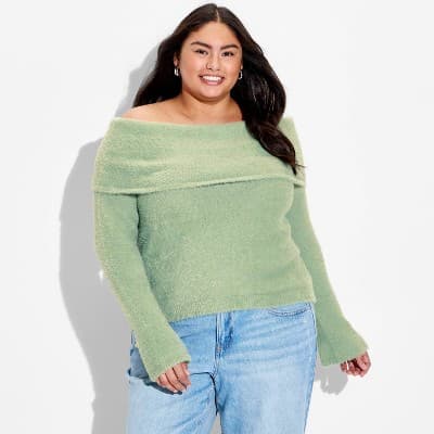 Women's Off the Shoulder Pullover Sweater - Wild Fable™ Sage Green 1X