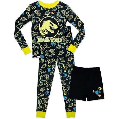 LEGO Jurassic World Little Boys' 3-Piece Cotton Pajama Set, Black/Yellow, 4