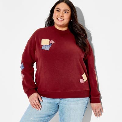 Women's Crewneck Bandana Patch Graphic Pullover Sweatshirt - Burgundy 2X