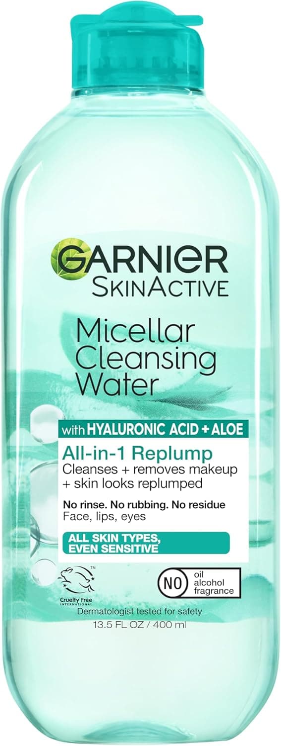 Garnier Micellar Water with Hyaluronic Acid, Facial Cleanser & Makeup Remover, Hydrating and Plumping, For All Skin Types, Vegan, Cruelty Free, 13.5 Fl Oz (400mL), 1 Count