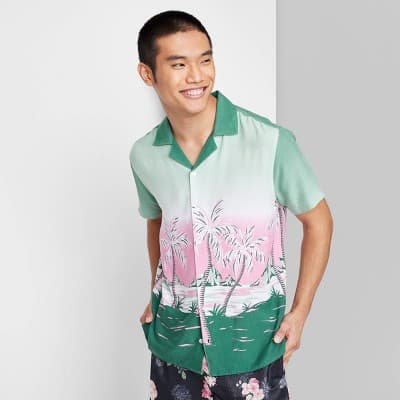 Men's Short Sleeve Collared Button-Down Shirt - Original Use™ Tropical Green M: Lightweight Rayon, Landscape Pattern,
