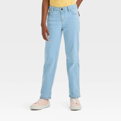 Girls' Mid-Rise Denim Straight Jeans - Cat & Jack™ Light Wash 10: Adjustable Waistband, Stretch, Machine Washable