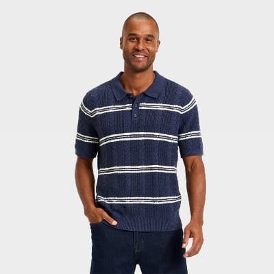 Men's Striped Short Sleeve Cable Sweater - Goodfellow & Co™ Blue L