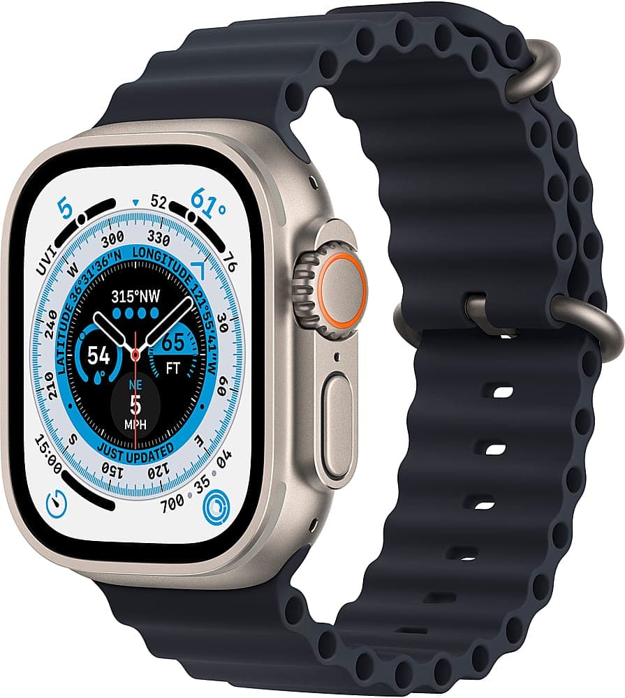 Apple Geek Squad Certified Refurbished Watch Ultra (GPS + Cellular) 49mm Titanium Case with Midnight Ocean Band - Silver - (2022)