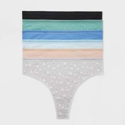 Women's 6pk Cotton Stretch Thong Underwear - Auden™ Assorted Color 1X: Solid & Polka Dots, Low Rise, Plus Size