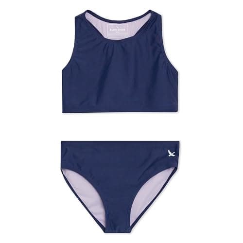 Eddie Bauer Girls' Swimwear UPF 50+ High-Neck Stretchable Racerback Bikini Set, Midieval Blue, Medium