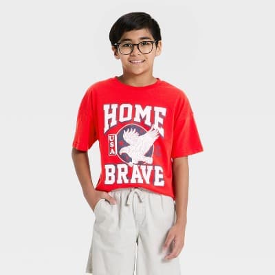 Boys' 4th of July USA 'Home of the Brave' Short Sleeve Oversized Graphic T-Shirt - Red M