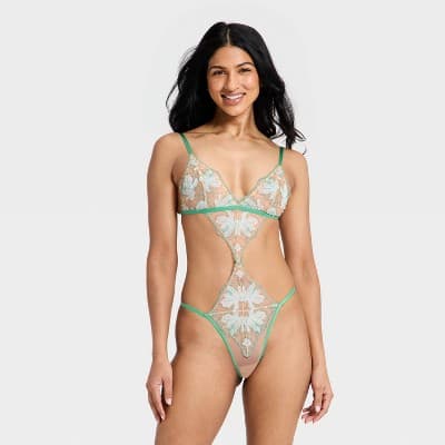 Women's Embroidery Lace Lingerie Bodysuit - Auden™ Green M