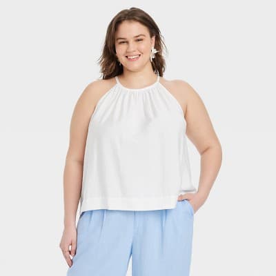 Women's Woven Tank Top - A New Day™ White 3X: Halter Neck, Sleeveless, Back Slit, Lightweight Rayon Blend, Plus Size
