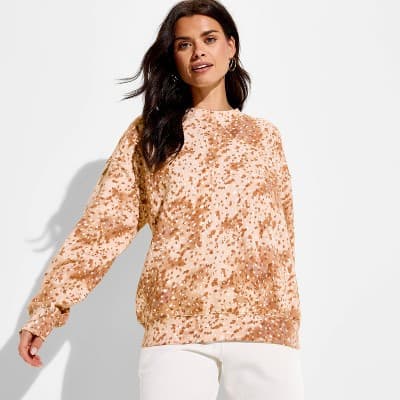 Women's Crewneck Doe Print Fleece Graphic Pullover Sweatshirt - Brown L