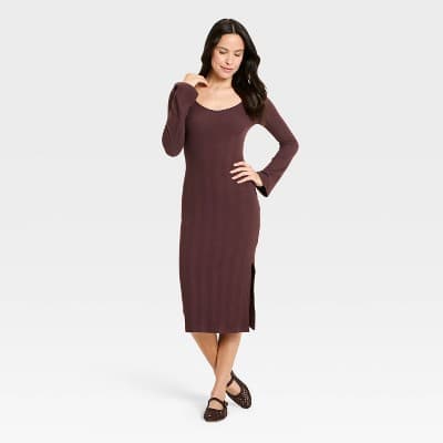 Women's Bell Long Sleeve Rib Midi Bodycon Dress - Universal Thread™ Brown M