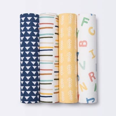 Flannel Baby Blankets Primary - Cloud Island™ 4pk: Cotton, Animal Art, Floral Design, 180 Thread Count