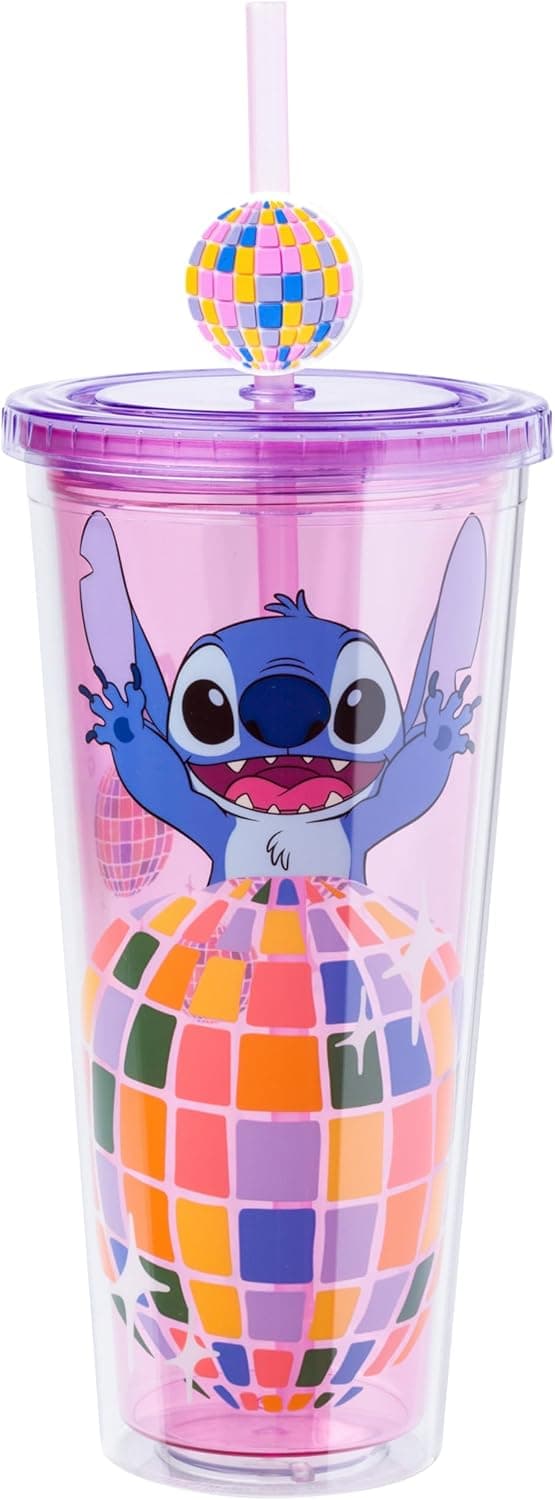Silver Buffalo Disney Lilo and Stitch “Life is a Party” Plastic Cold Cup with Lid and Straw Topper, 24 Ounces