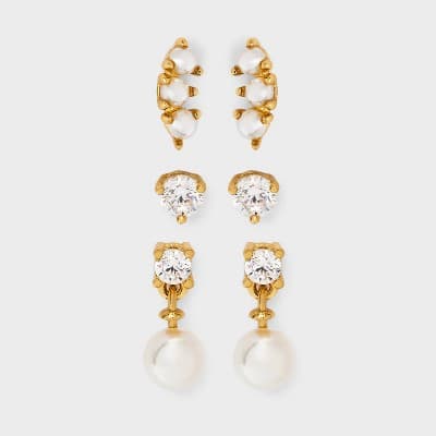 14K Gold Plated Cubic Zirconia Pearl Dangle Stud Earring Set 3pc - A New Day™ Gold