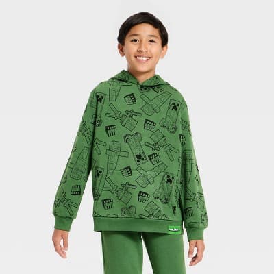 Boys' Minecraft Creeper Front and Back Graphic Hooded Fleece Sweatshirt - Forest Green XL