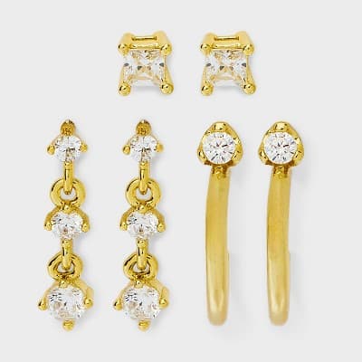 14K Gold Plated Stud and Hoop Earring Set 3pc - A New Day™ Gold: Brass, Sterling Silver, Nickel-Free