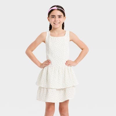 Girls' Drop Waist Tiered Floral Dress - Cat & Jack™ Cream S