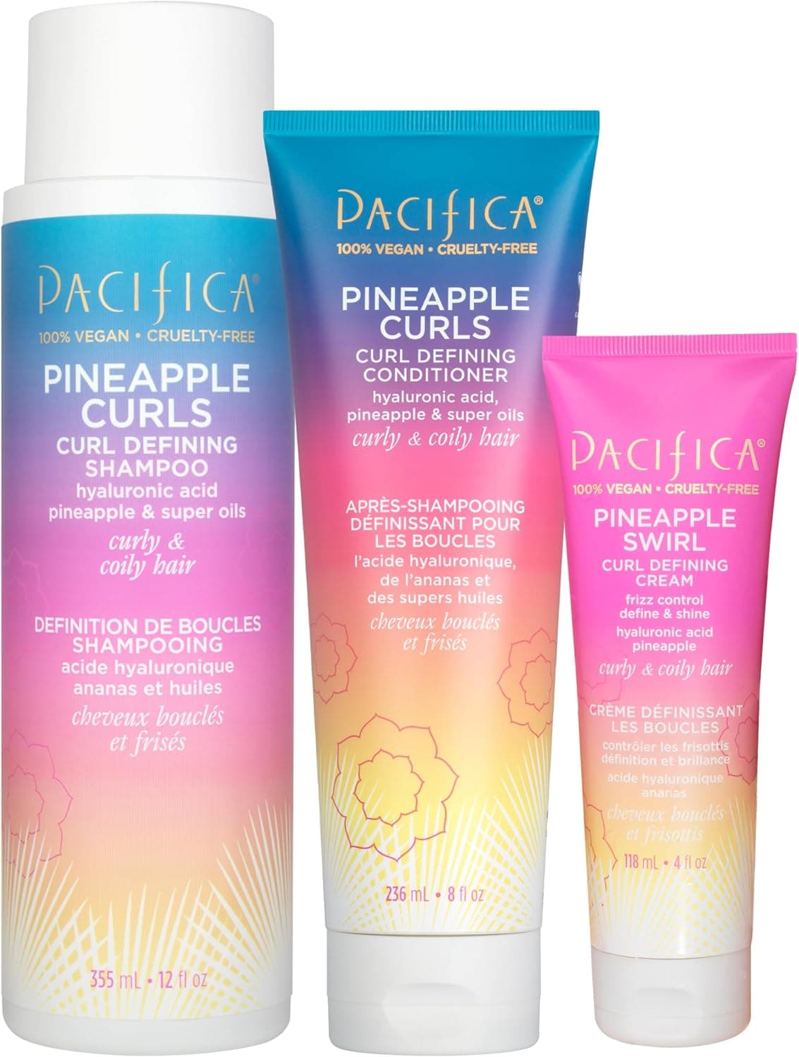 Pacifica Beauty Pineapple Curls 3-Step Hair Care Kit: Curl Defining Shampoo + Conditioner + Pineapple Swirl Curl Cream – Enhances Curls, Reduces Frizz, Vegan & Silicone-Free