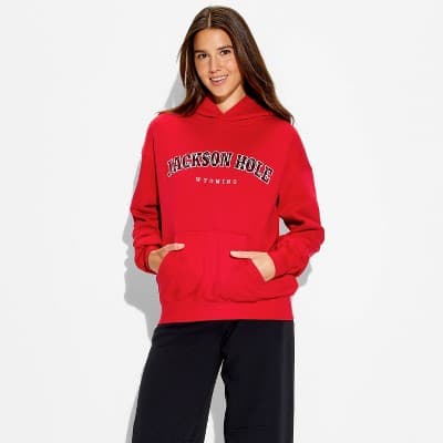 Women's Oversized Graphic Hooded Pullover Sweatshirt - Wild Fable™ Berry Red Quote XXS