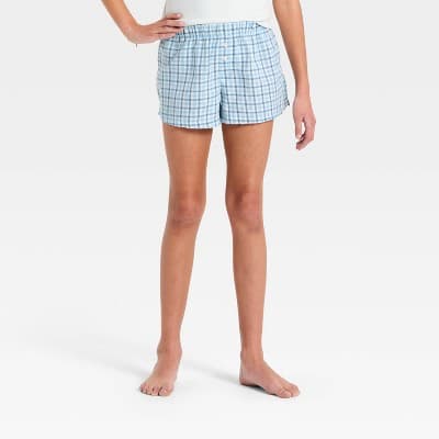 Girls' Plaid Boxer Pajama Shorts - art class™ Light Blue M