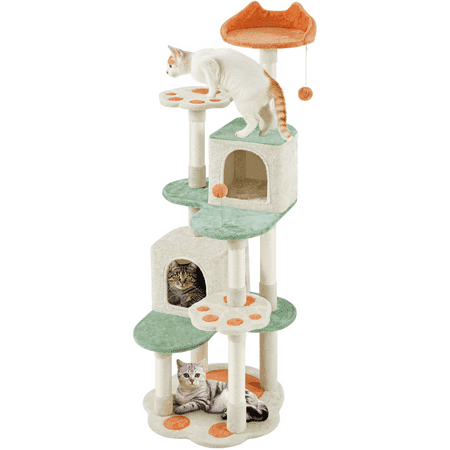 Alden Design 65″ Tall Cat Tree Paw-Shaped Play Tower for Small/Medium Cats, Beige