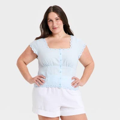 Women's Button-Front Scalloped Hem Top - A New Day™ Blue XXL