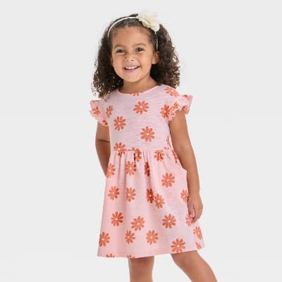 Toddler Girls' Daisy Dress - Cat & Jack™ Light Peach 12M: Cotton Floral A-Line with Ruffle Sleeves, Front Pocket, Crew Neck